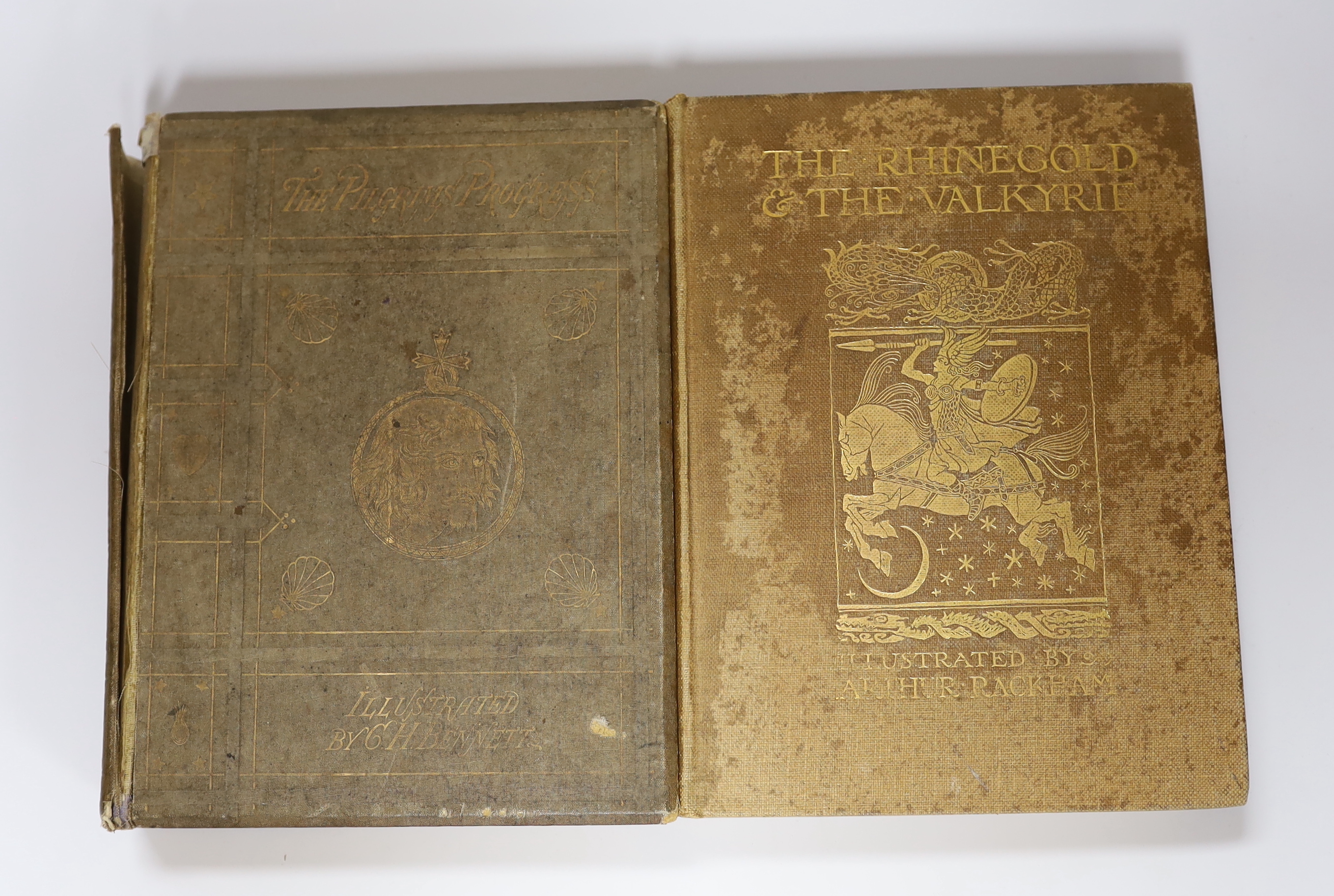 Wagner, Richard - The Rhinegold and The Valkyrie. 1st trade edition. title illus., 34 coloured and mounted plates with captioned guards, text decorations and coloured pictorial e/ps. by Arthur Rackham; publisher's gilt p